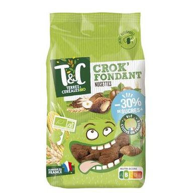 Terres et Céréales Bio Crok' Fondant Bio - Céréales fourrées aux noisettes -30% de sucres en moins, 375g