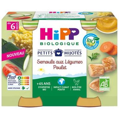 Hipp - Petits Mijotés Semoule aux Légumes Poulet Bio Pot Bébé Dès 6 Mois, 2x190g