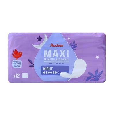 Auchan Serviettes hygiéniques sans ailettes maxi nuit, 12 serviettes