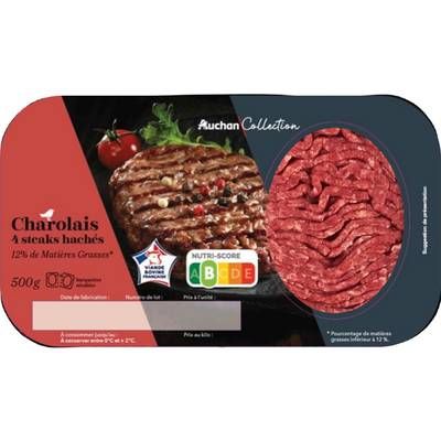 Auchan Collection Steaks Hachés Charolais 12%mg, 4x125g