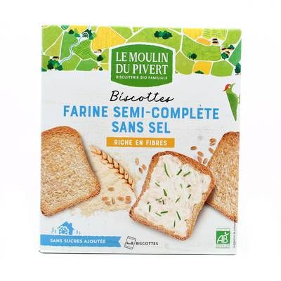 Le Moulin du Pivert Biscottes Bio Sans Sel à la farine semi-complètes, 270g