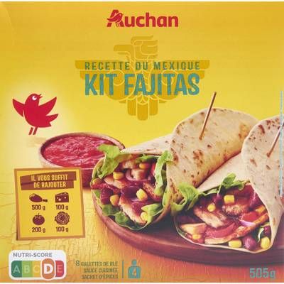 Auchan Kit pour fajitas - 8 galettes de blé, Sauce fajita, Sachet d'Assaisonnement., 505g
