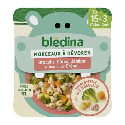 Blédina - Morceaux à dévorer Brocolis Pâtes Jambon et touche de Crème Assiette Bébé Dès 15 mois, 200g