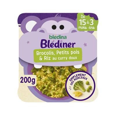 Blédina - Blédîner Brocolis, Petits pois et riz au curry doux Assiette bébé Dès 18 mois, 200g