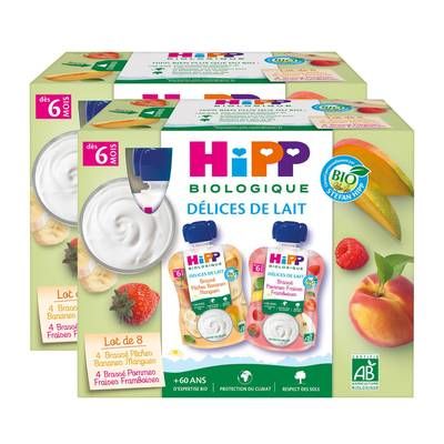 Hipp - Délices de Lait 2 Variétés Brassés- Pêche Banane Mangue et Pomme Fraise Framboise Bio Gourde Bébé Dès 6 mois, Lot de 2 - 8x90g