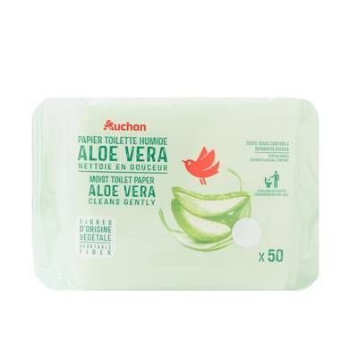 Auchan Lingettes papier toilette humide blanc à l'aloe Vera, 50 papiers toilettes humides