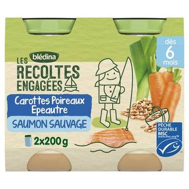 Blédina - Les Récoltes Engagées Carotte, Poireaux, Epeautre et saumon MSC Pot Bébé Dès 6 mois, 2x200g