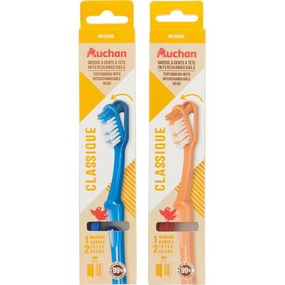 Auchan Brosse à dents à tête interchangeable classique, 1 manche + 2 têtes