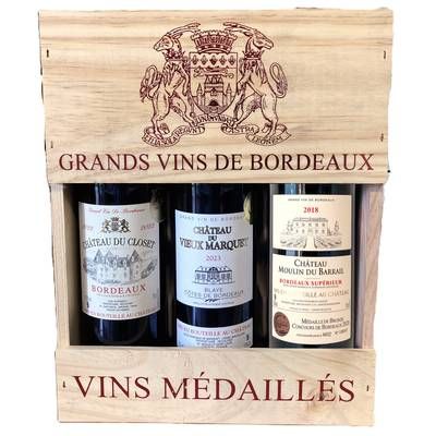Coffret Vins Médaillés Ch Closet 2022 + Ch Vieux Marquet 2023 + Ch Moulin du Barrail 2018, 3x75cl