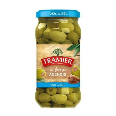 Tramier Olives Vertes Farcies aux Anchois -25% de sel en moins, 180g