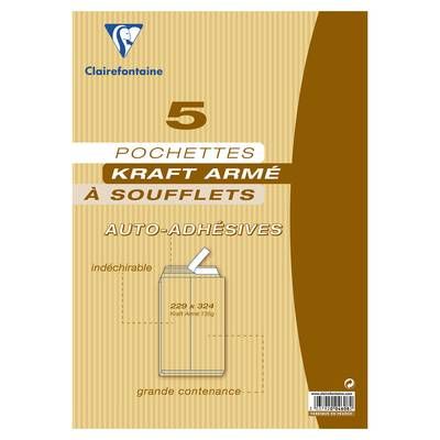 Clairefontaine 5 Pochettes kraft à soufflets kraft auto-adhésives, Dimensions  229 x 324 mm