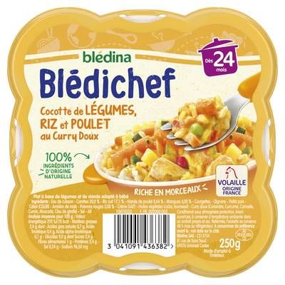 Blédina - Blédi'chef Cocotte de Légumes Riz et Poulet au Curry Doux Assiette Bébé Dès 24 mois, 250g
