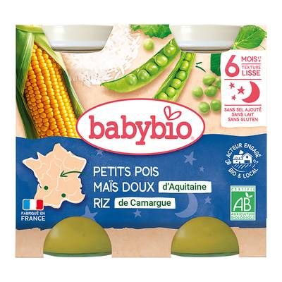 Babybio Petit pois maïs riz bio Pots Bébé dès 6 mois, 2x200g