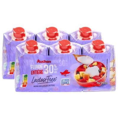 Auchan Crème fluide entière sans lactose 30%mg UHT, Lot de 2x3x20cl