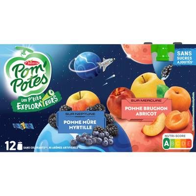Pom Potes Compotes Pomme Mûre Myrtille et Pomme Brugnon Abricot, 12 gourdes de 90g