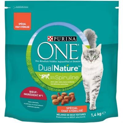 Purina - One Croquettes Boeuf Spiruline Dual Nature pour Chat Adulte Stérilisé, 1,4kg
