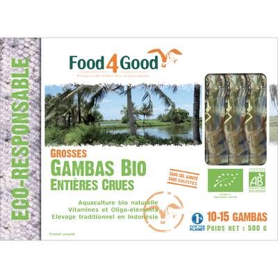 Food4Good Grosses gambas entières crues Bio calibre 20/30, 500g
