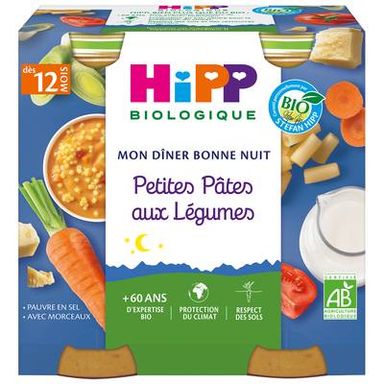 Hipp - Mon Dîner Bonne Nuit Petites Pâtes aux Légumes Bio Pot Bébé Dès 12 mois, 2x250g