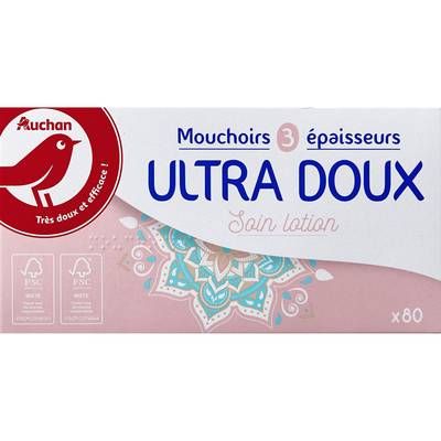 Auchan Boîte de mouchoirs ultra doux soin lotion 3 épaisseurs, 80 mouchoirs