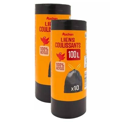 Auchan Sacs poubelle avec cordon 100L, Lot de 2x10 sacs poubelles