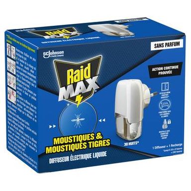 Raid Max Anti-Moustiques Diffuseur et Recharge Électrique Liquide Sans Parfum Action Continue, 1 diffuseur + 1 recharge