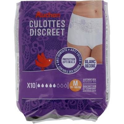 Auchan Culottes discreet incontinence blanc décoré taille M 70-100cm, 10 culottes
