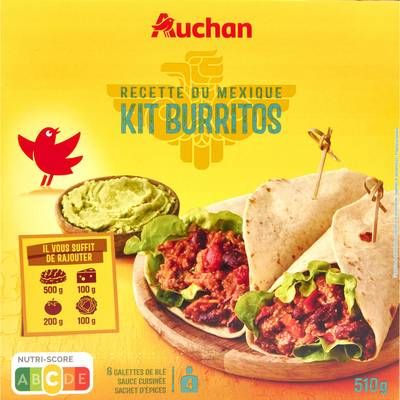 Auchan Kit de préparation pour burritos- 8 galettes de blé, Sauce, Sachet d'Assaisonnement., 510g
