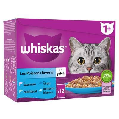Whiskas Sachets en Gelée Poissons Favoris 4 variétés pour chat adulte, 12x85g