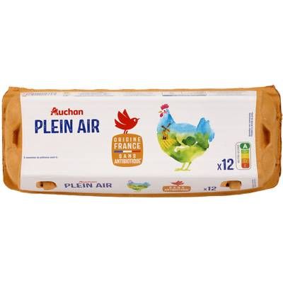 Auchan Oeufs de poules élevées en plein air sans antibiotique, 12 oeufs