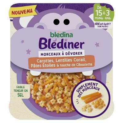Blédina - Blédîner Carottes, Lentilles Corail, Pâtes Etoile Assiette Bébé Dès 15 mois, 200g