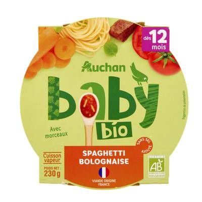 Auchan Baby Bio Spaghetti bolognaise Bio Assiette bébé dès 12 mois, 230g