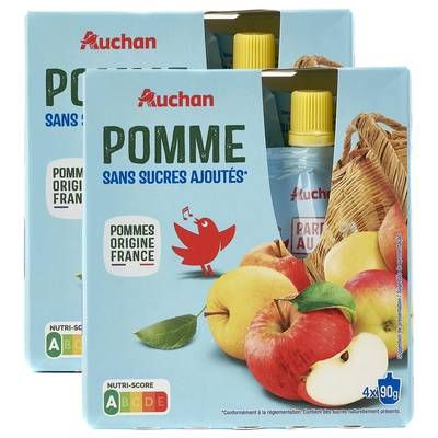 Auchan Gourdes purée de pomme nature sans sucres ajoutés, Lot de 2 - 4x90g
