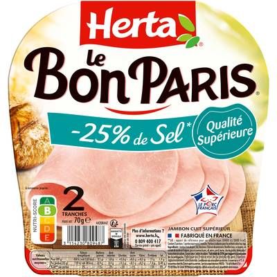 Herta Jambon Le Bon Paris Taux de Sel Réduit, 2 tranches - 70g
