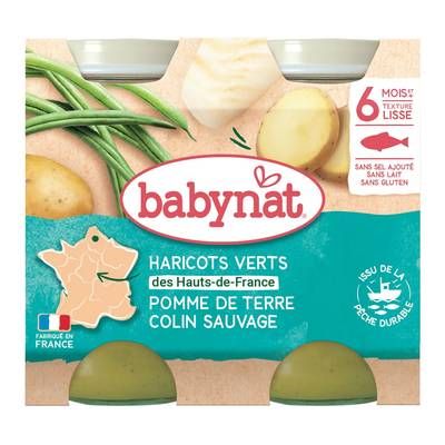 Babybio Pomme de terre, haricots verts du Val de Loire et colin bio pots Bébé Dès 6 mois, 2x200g