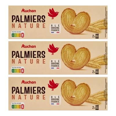 Auchan Palmiers nature biscuits feuilletés, Lot de 3x100g