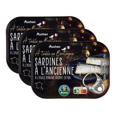 Auchan Terroir Sardines à l'ancienne à l'huile d'Olive vierge extra, Lot de 3x115g