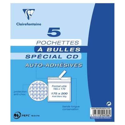 Clairefontaine 5 Pochettes bulle kraft blanc, Dimensions  165 x 170 mm