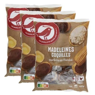Auchan Madeleines coquilles marbrées au chocolat, Lot de 3x400g
