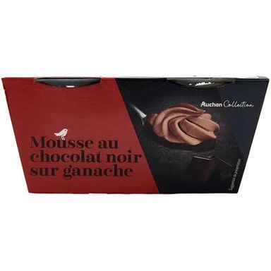 Auchan Collection Mousse au chocolat noir sur ganache chocolat noir, 2x65g