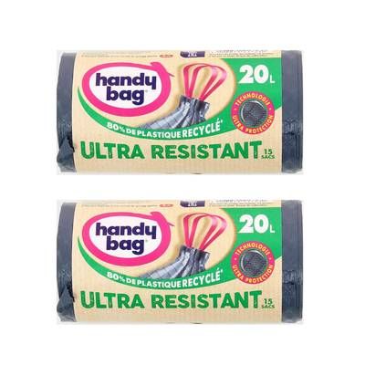 Handy Bag Sacs poubelle 20L avec poignées coulissantes ultra protection, Lot de 2x15 sacs de 20L