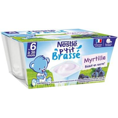 Nestlé - P'tit Brassé Dessert Lacté Myrtille Coupelle Bébé Dès 6 mois, 4x100g