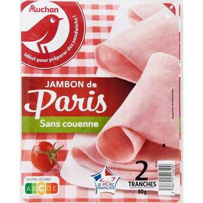 Auchan Jambon de Paris Sans Couenne, 2 tranches - 80g