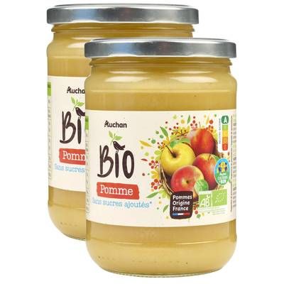 Auchan BIO Purée de pomme sans sucres ajoutés en bocal bio, Lot de 2x580g