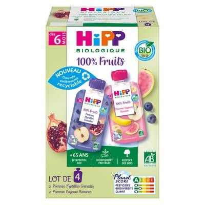 Hipp - 100% Fruits 2 Variétés Purées de Fruits Bio Gourde Bébé Dès 6 mois, 4x90g