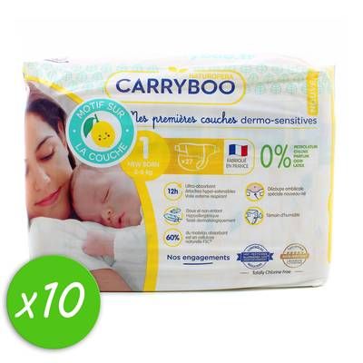 Carryboo Nature Couches naturelles et chou, T1 (2-5kg), Lot de 9x24 couches