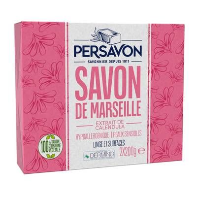 Persavon Savon Solide de Marseille Extrait de Calendula Hypoallergénique, 2 x 200g