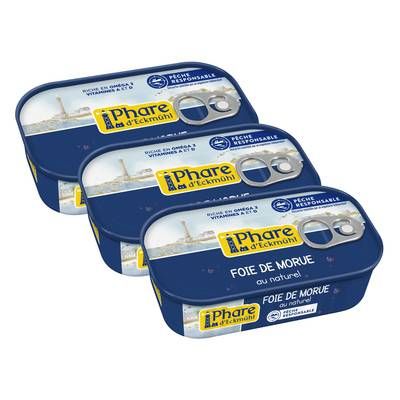 Phare d'Eckmuhl Foie de Morue au Naturel, Pêche Responsable, Lot de 3x121g