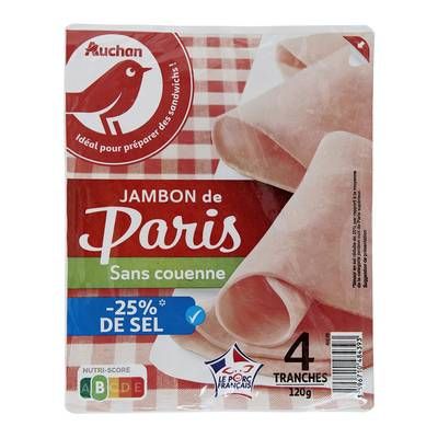 Auchan Jambon de Paris Réduit En Sel, 4 tranches - 120g