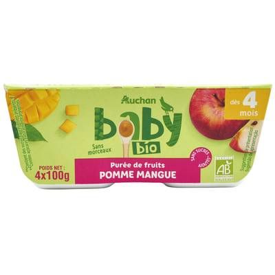 Auchan Baby Bio Dessert Pomme Mangue Bio Coupelles Bébé dès 4 mois, 4x100g