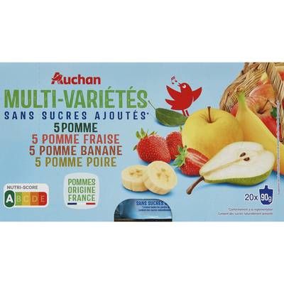 Auchan Gourdes purées de fruits multi-variétés pomme fraise banane et poire, 20x90g